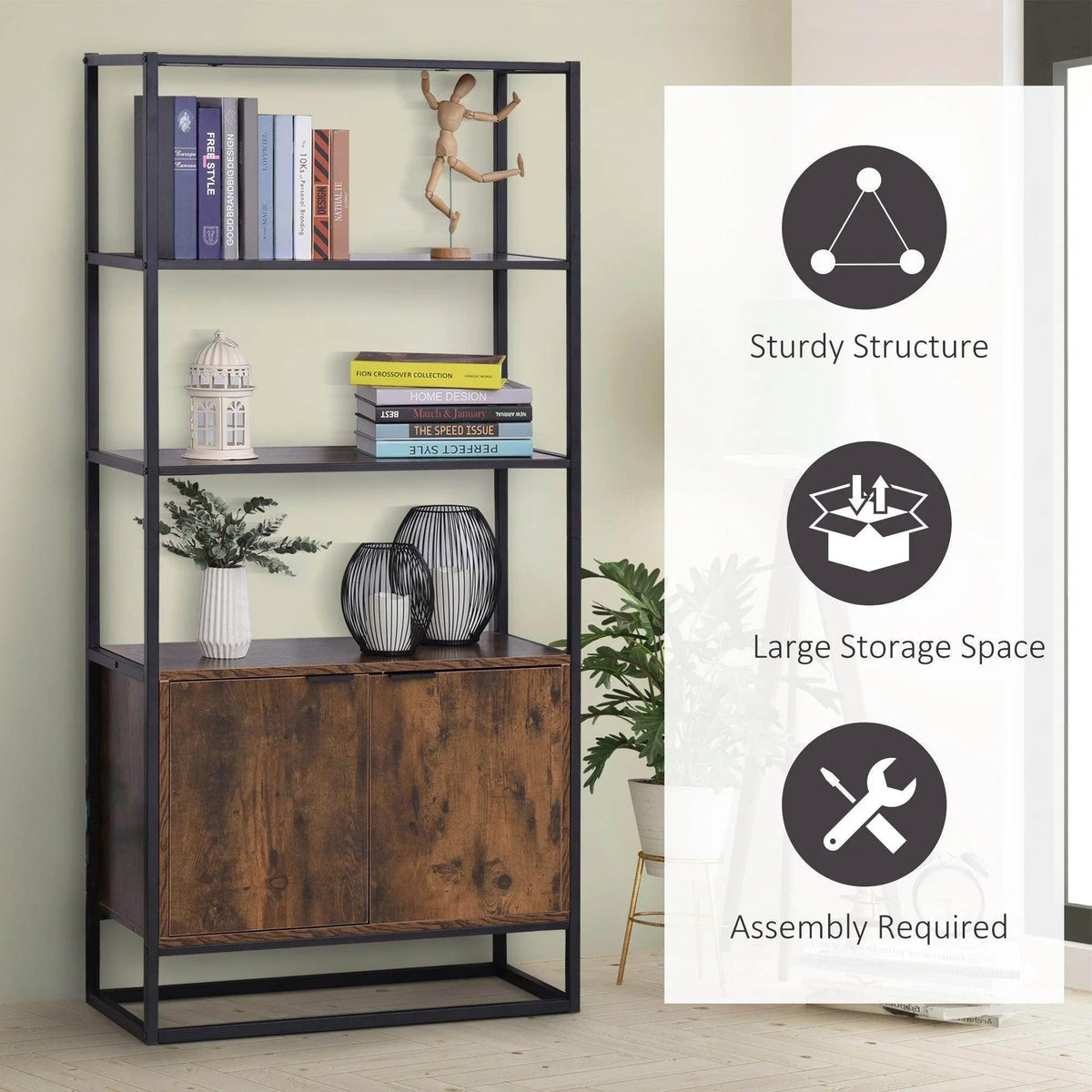 Rustic brown storage cabinet with sturdy gray metal frame, three shelves, and lower door