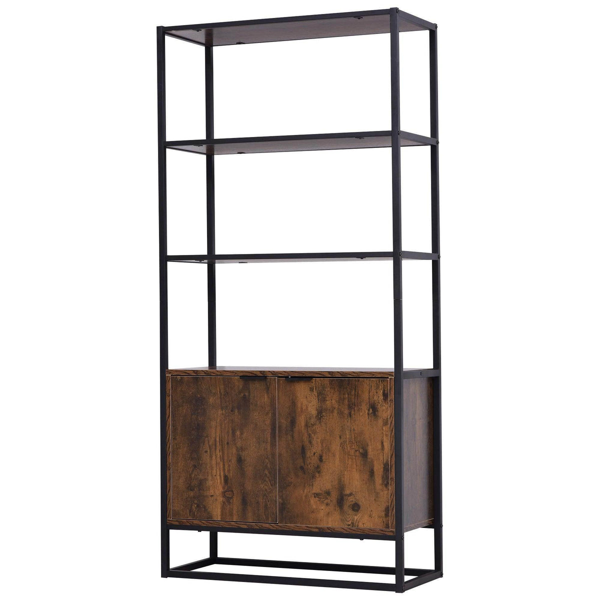 Rustic brown cabinet with open shelving and lower cabinet door, black-gray frame