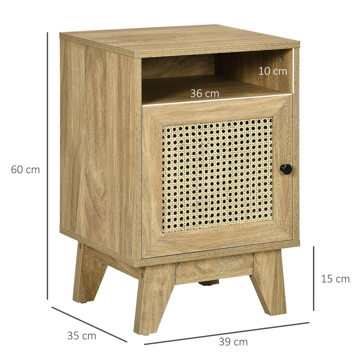 Natural wood bedside table with rattan front panel door and open top shelf