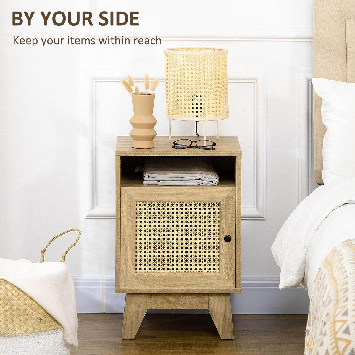 Natural bedside cabinet with open shelf, rattan door panel, and sturdy wooden legs