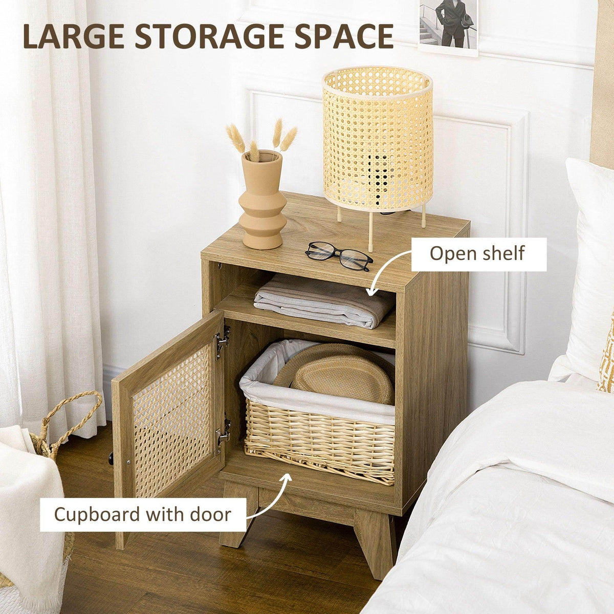Wooden bedside table with open shelf and enclosed cabinet door featuring rattan panel