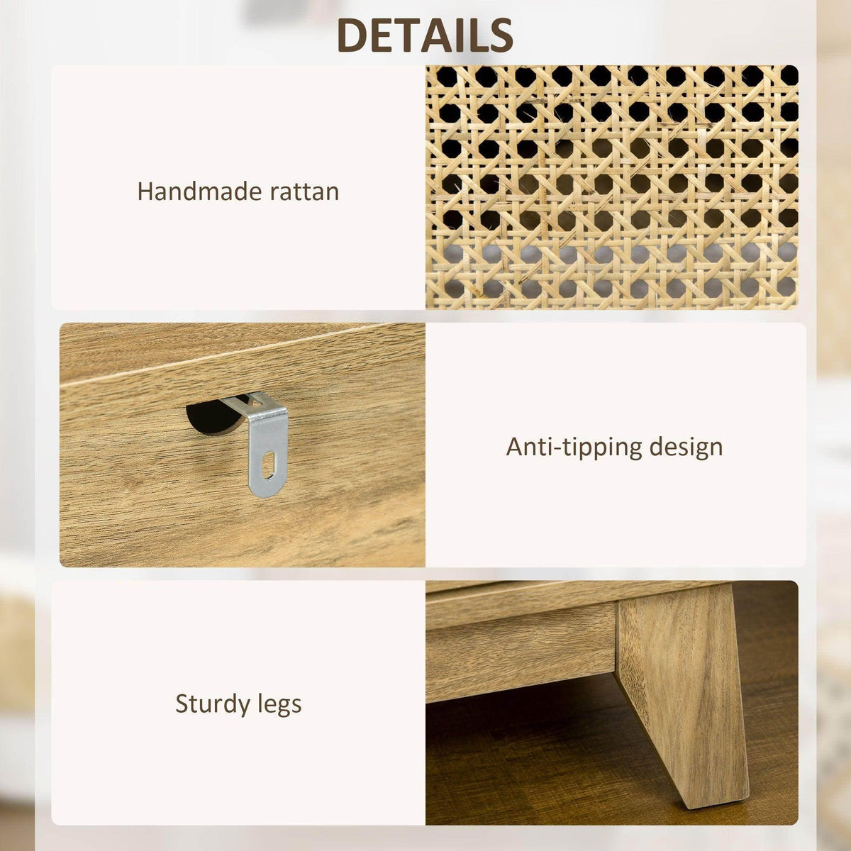 Rattan door panel, sturdy legs, and anti-tip design details on bedside table