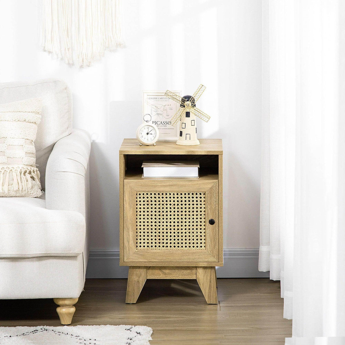 Natural rattan bedside table with open compartment top and cabinet door