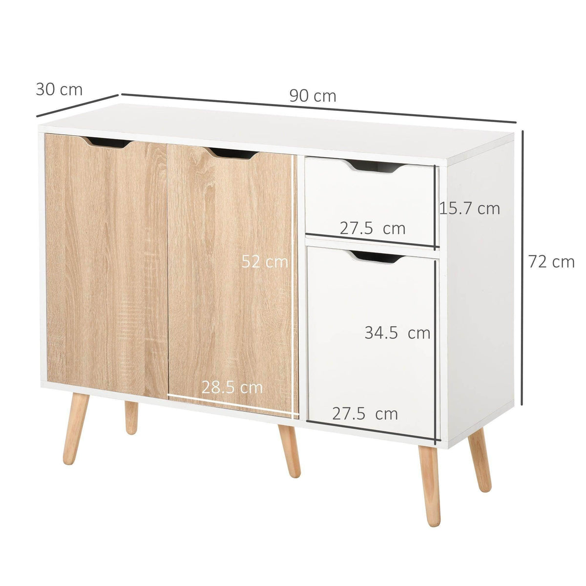 Two-door sideboard cabinet with drawer and cutout handles; natural wood finish and white frame.