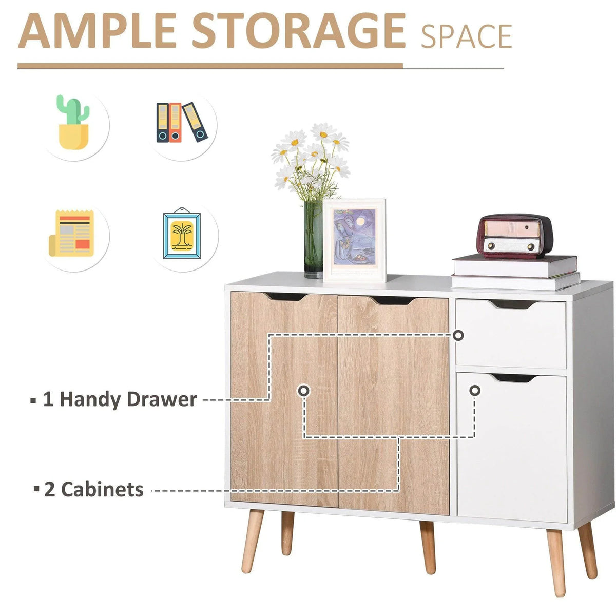 White and natural wood sideboard with two cabinets and a handy drawer; wood legs.