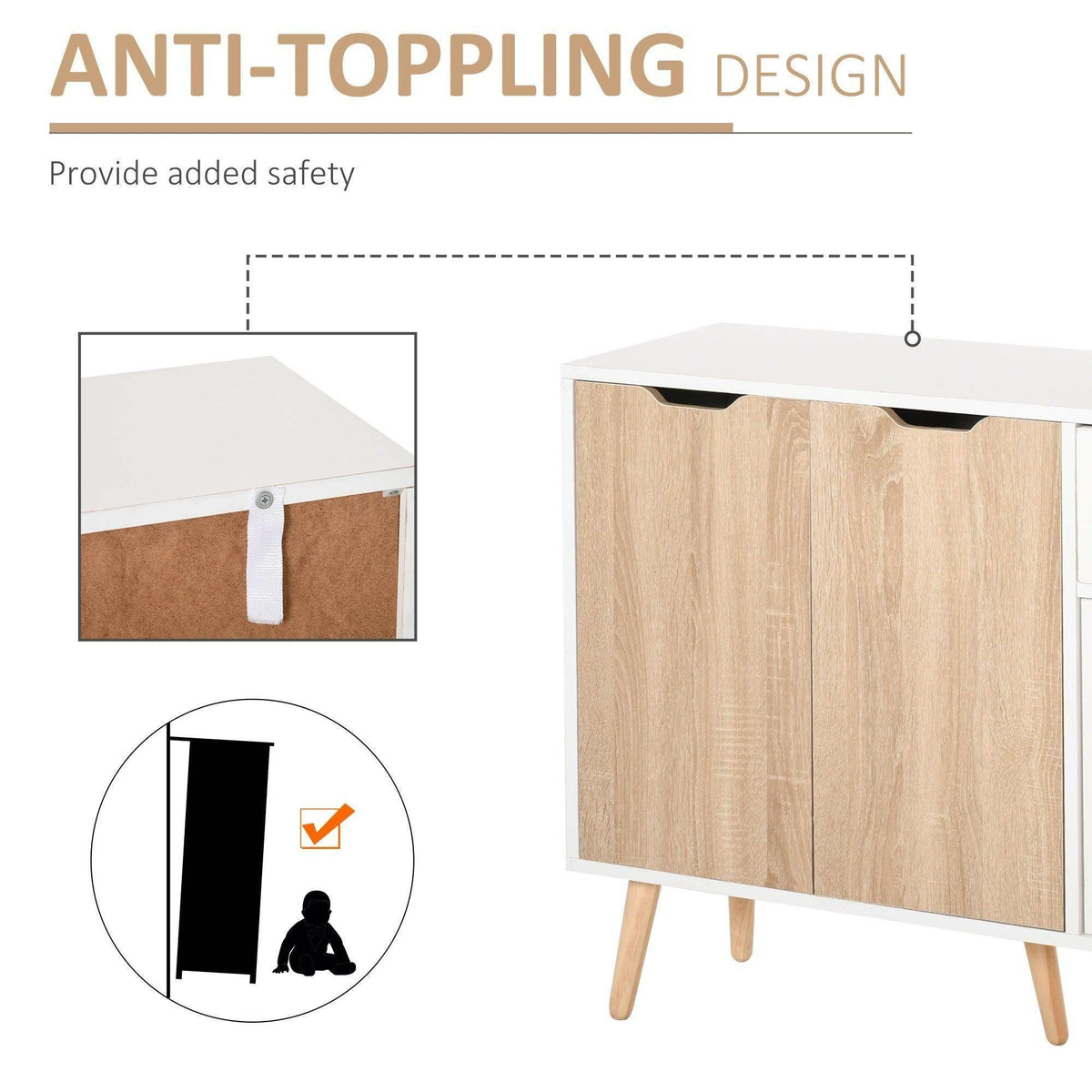 Natural wood sideboard cabinet with anti-tip design, white frame, and cutout handles.