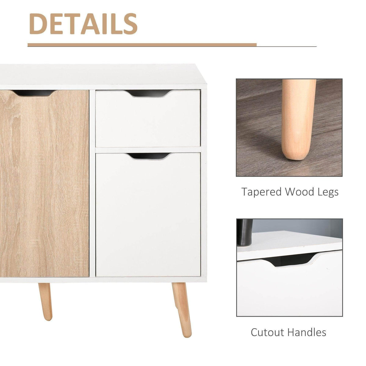 Sideboard details: cutout handles and tapered wooden legs on a white and natural cabinet.