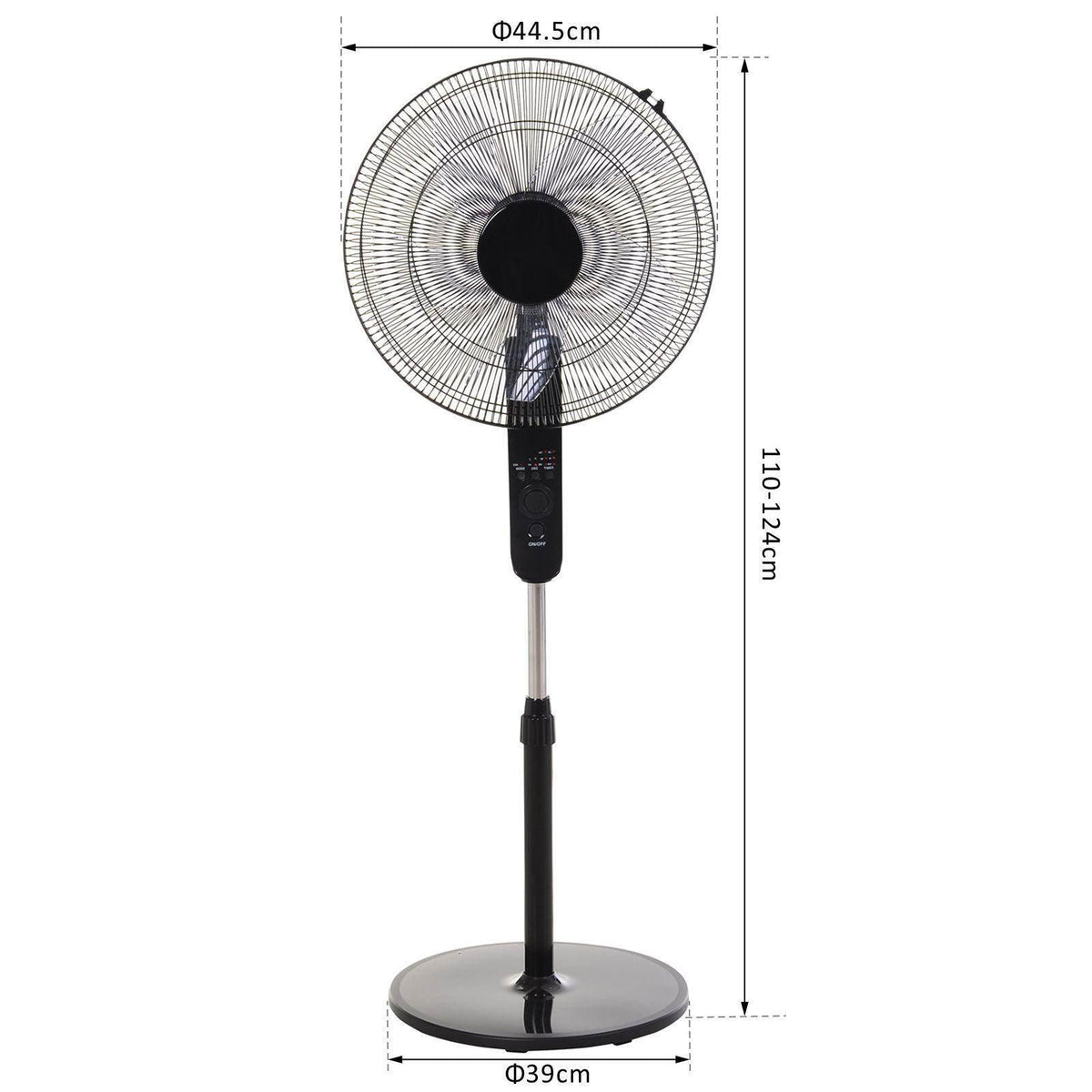 Oscillating floor fan with round grille, tall stand, and circular base (side view)