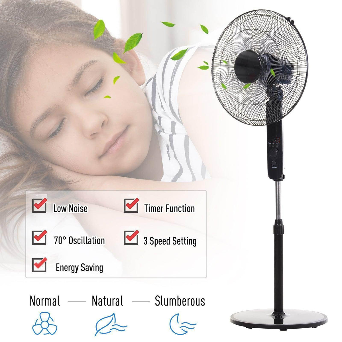 Oscillating floor fan on stand with black grille and central blade hub