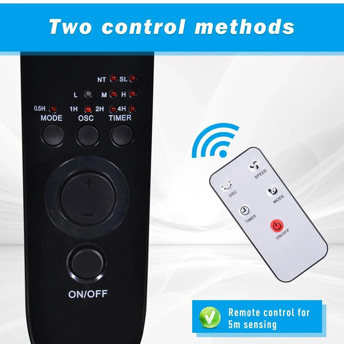 Oscillating floor fan control panel and remote control with on/off button