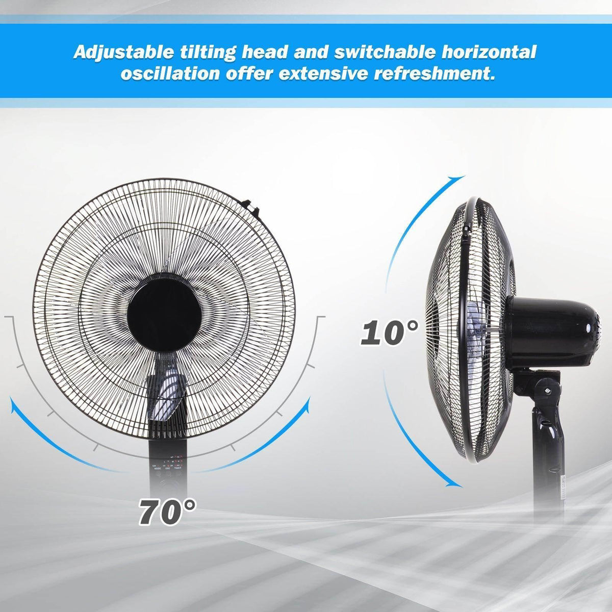 Oscillating floor fan with tilting head and wide circular grille, angled side view