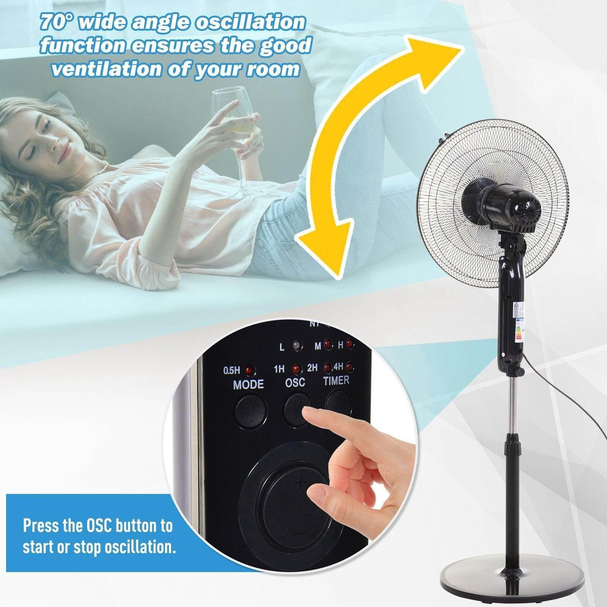 Oscillating floor fan with control dial on stand; hand pressing settings
