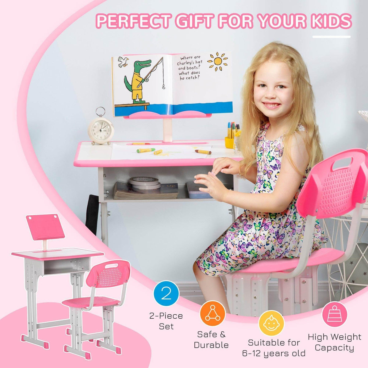 Kids desk and chair set in pink, with child seated at the desk