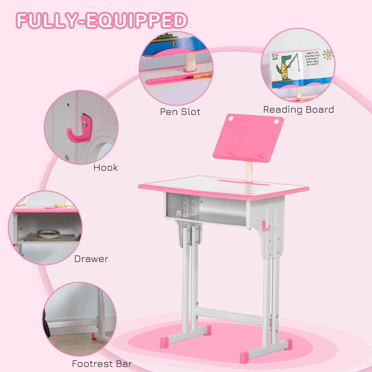 Kids desk set with pink reading board, pen slot, hook, drawer, and footrest bar