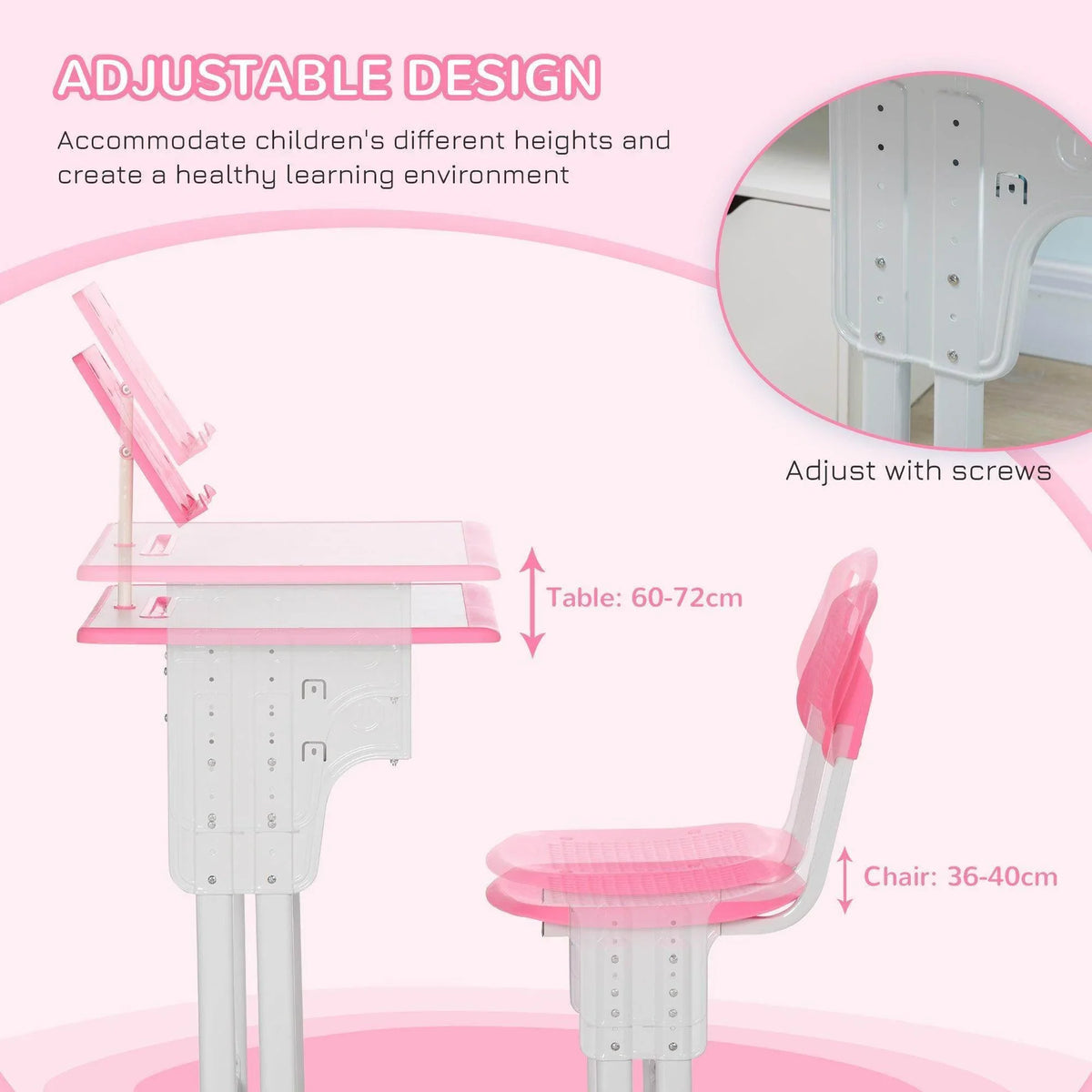 Adjustable kids desk set with pink tabletop and pink chair seat on height-adjustable legs