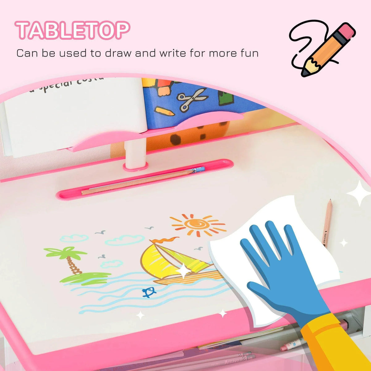 Kids desk tabletop with pink writing area and colorful activity scene