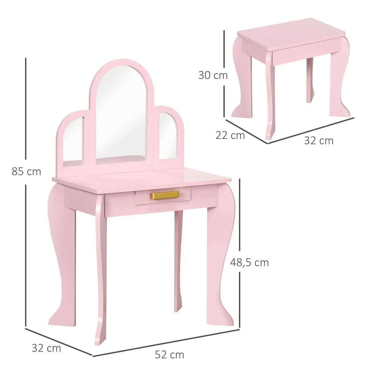 Pink kids vanity table and stool with heart mirror and size dimensions