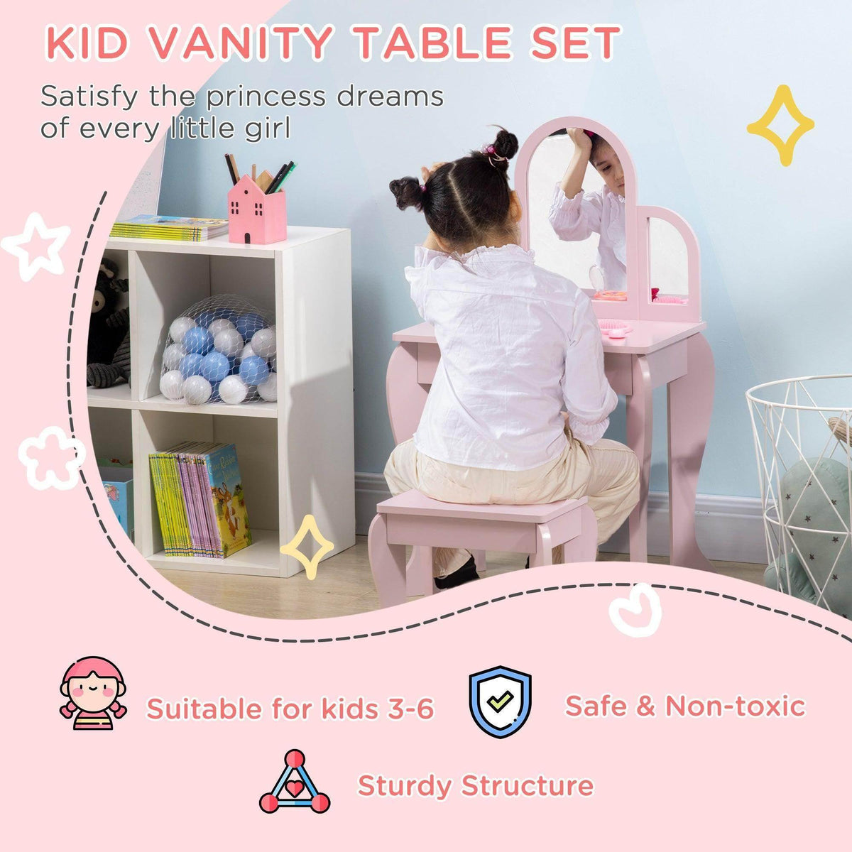 Pink kids vanity table set with side storage cabinet and heart mirror