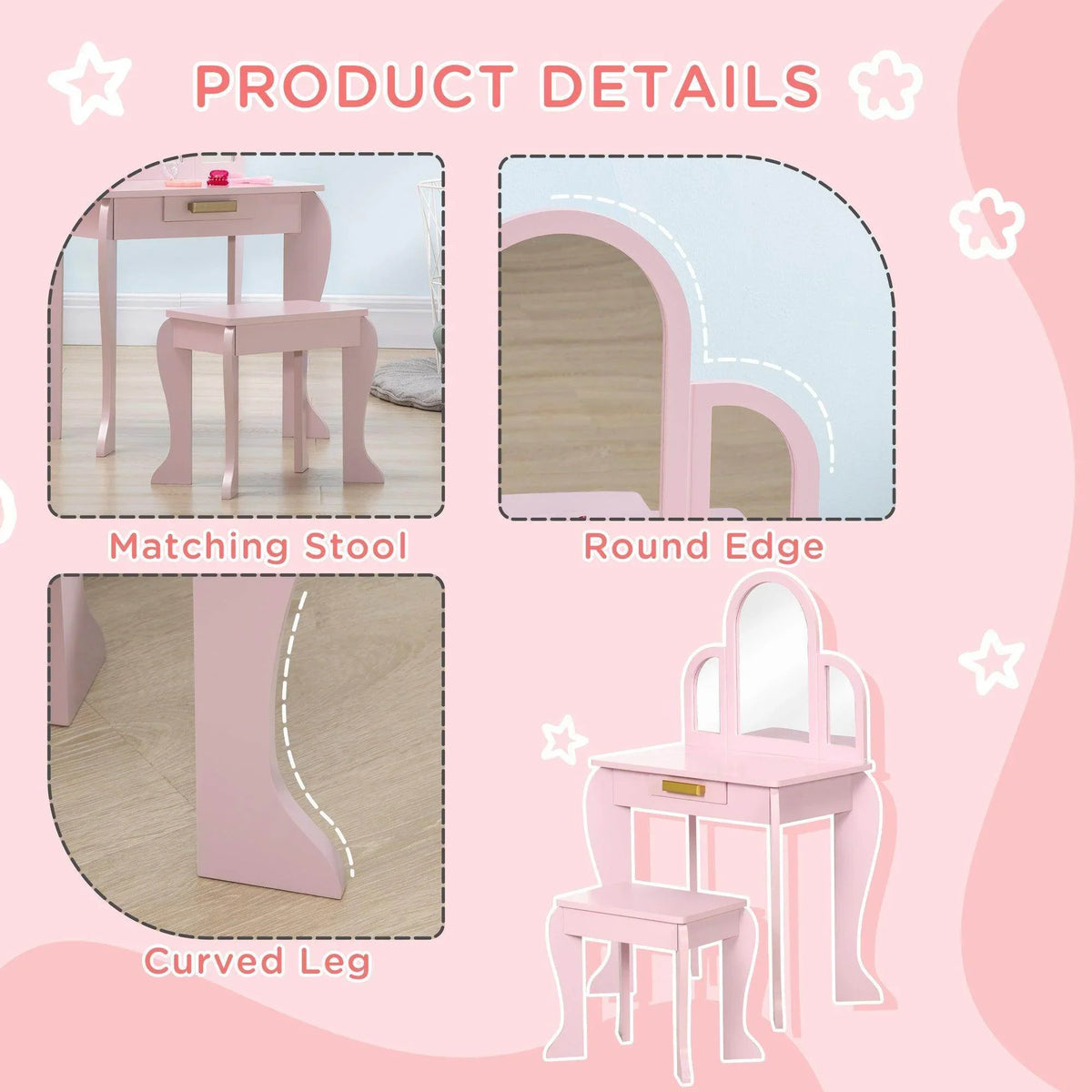 Pink kids vanity set details: curved legs, round-edge mirror, matching stool