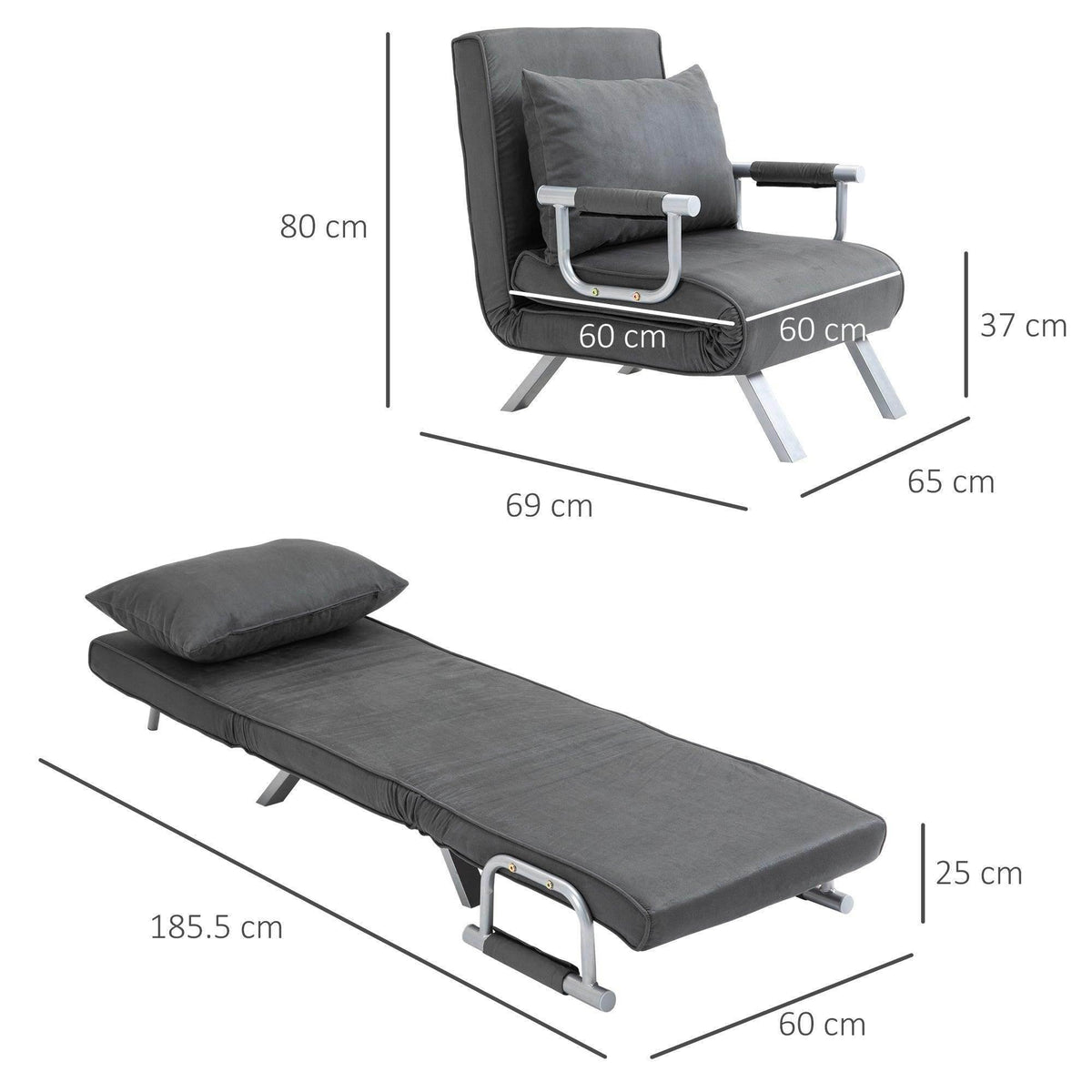 Portable armchair bed dimensions, dark gray seat and back with silver metal frame