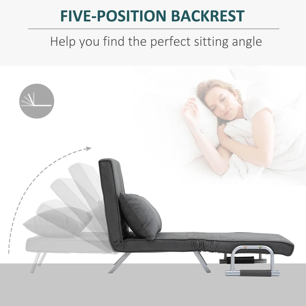 Portable armchair bed with five-position backrest, dark gray upholstery and silver frame