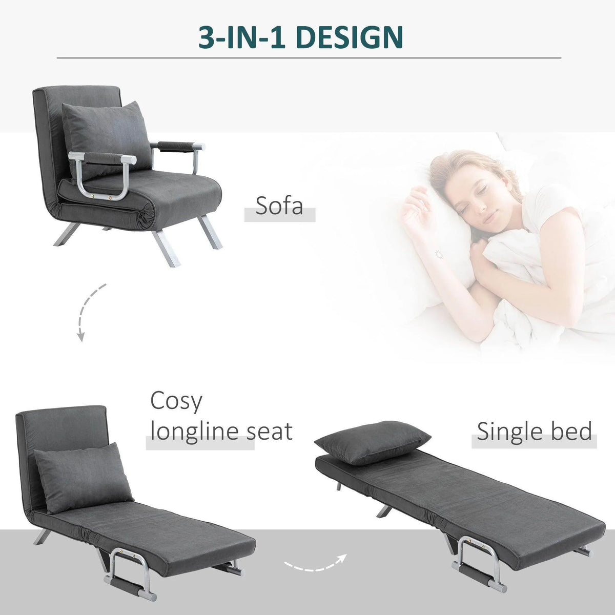 Portable armchair bed, dark gray 3-in-1 sofa to single bed, silver metal legs
