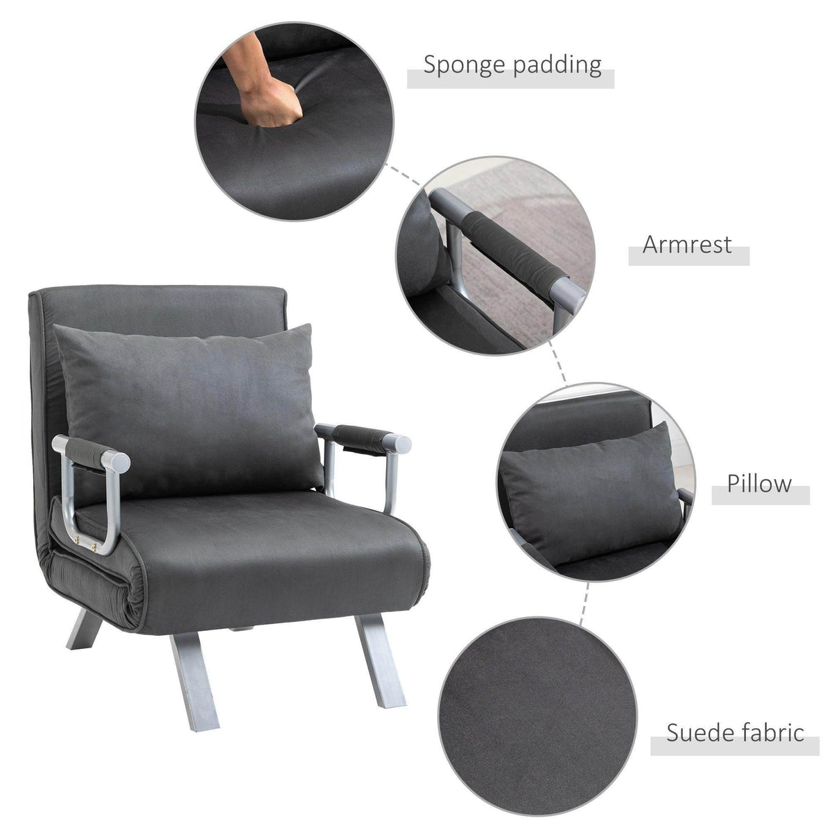 Portable armchair bed detail: dark gray fabric, armrests, pillow, foam padding