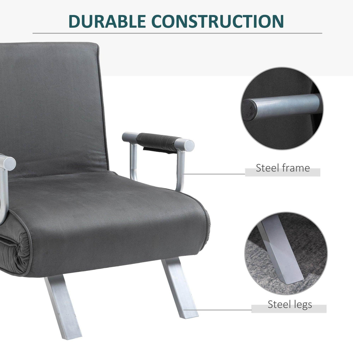 Portable armchair bed durability close-up, dark gray seat with steel frame and steel legs