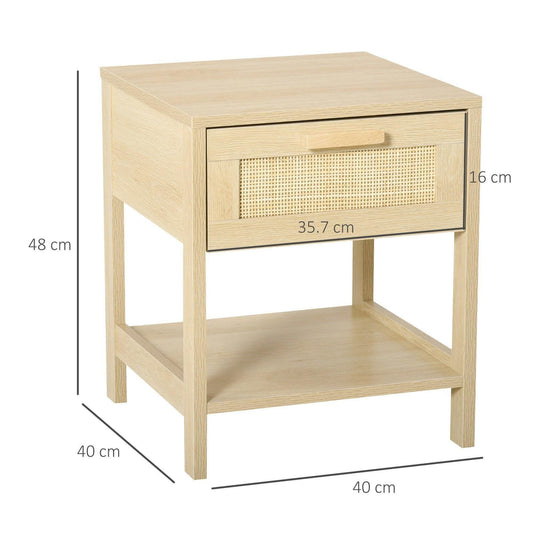 Light wood rattan drawer nightstand, open bottom shelf and single front drawer