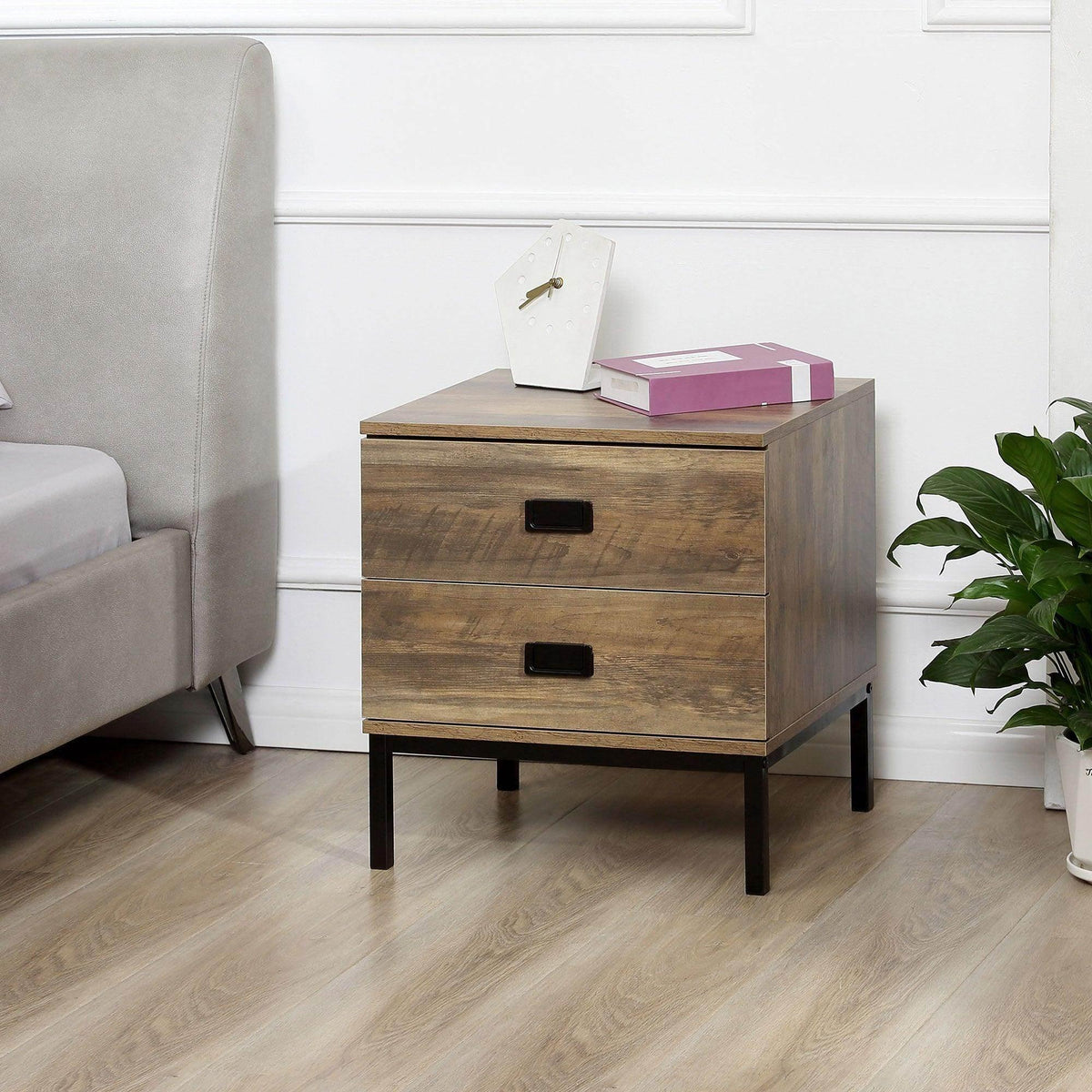 Retro bedside table with two drawers, brown wood grain, black legs