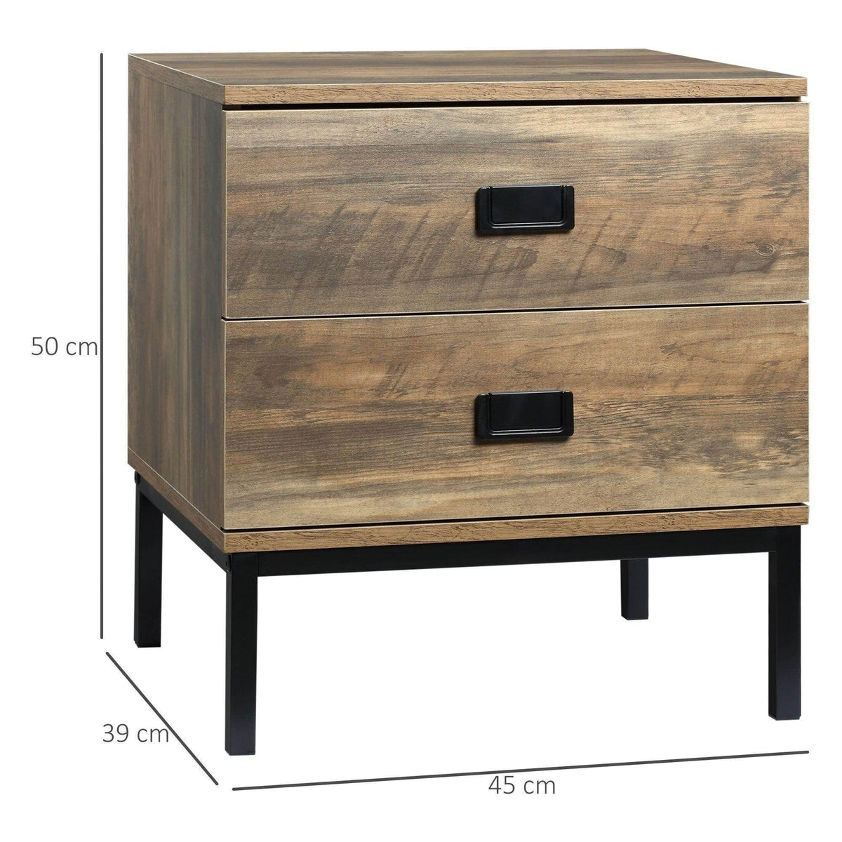 Retro bedside table with two drawers, brown wood grain, black drawer pulls