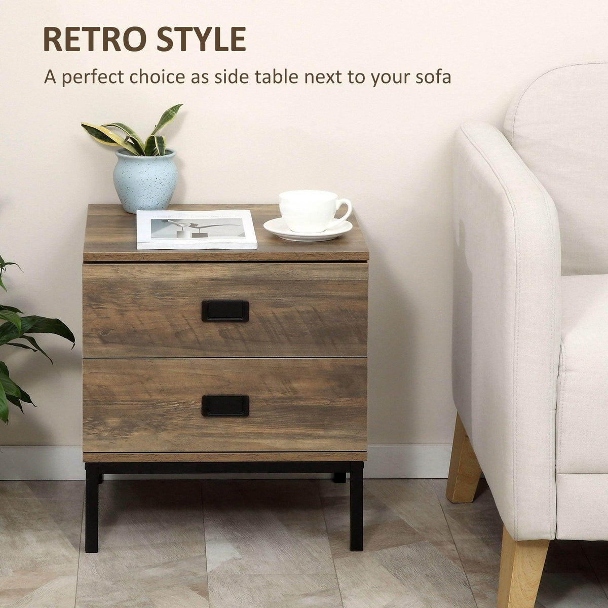 Retro bedside table with two drawers and black pulls, styled tabletop