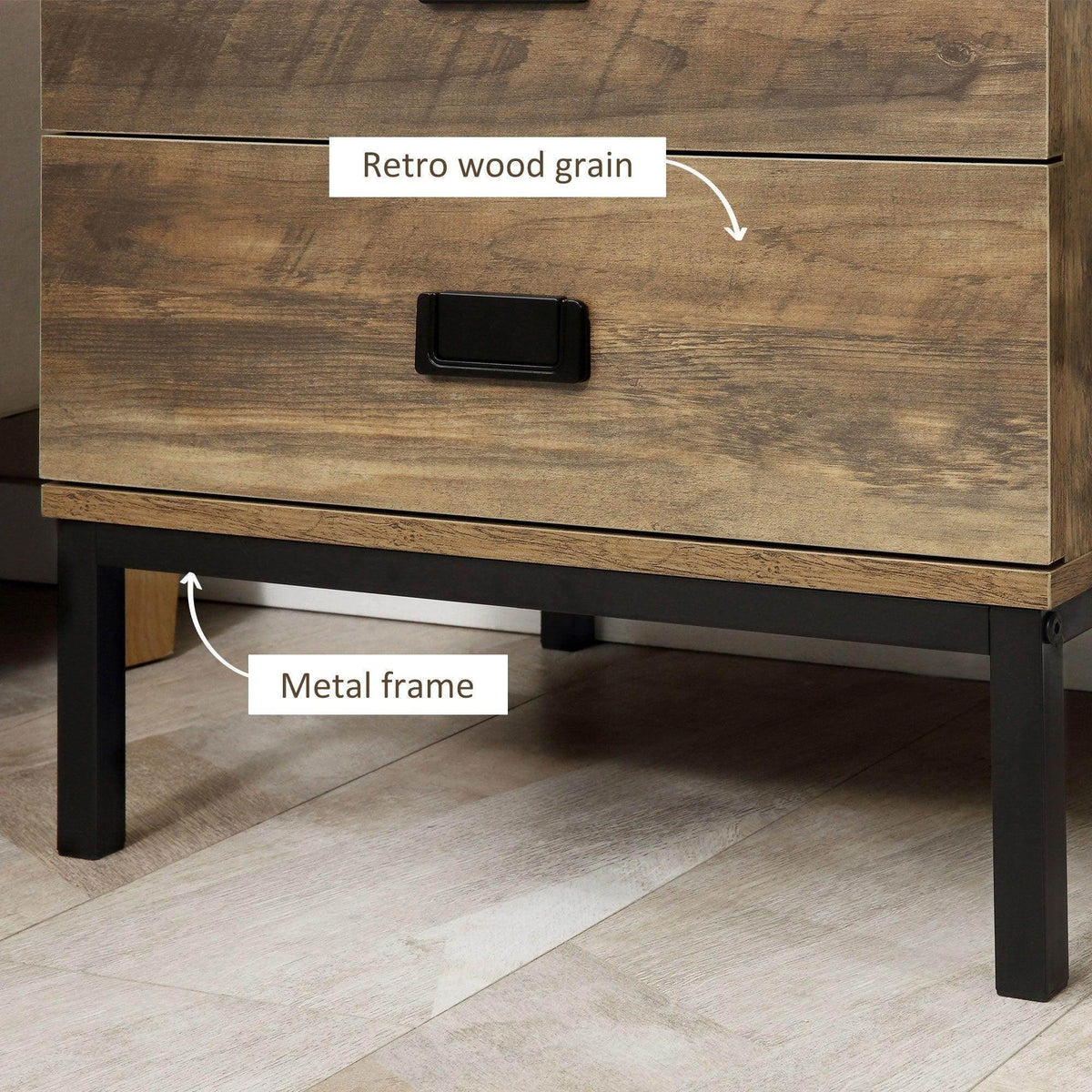 Close-up of drawer front with retro wood grain, black pull, and metal frame legs