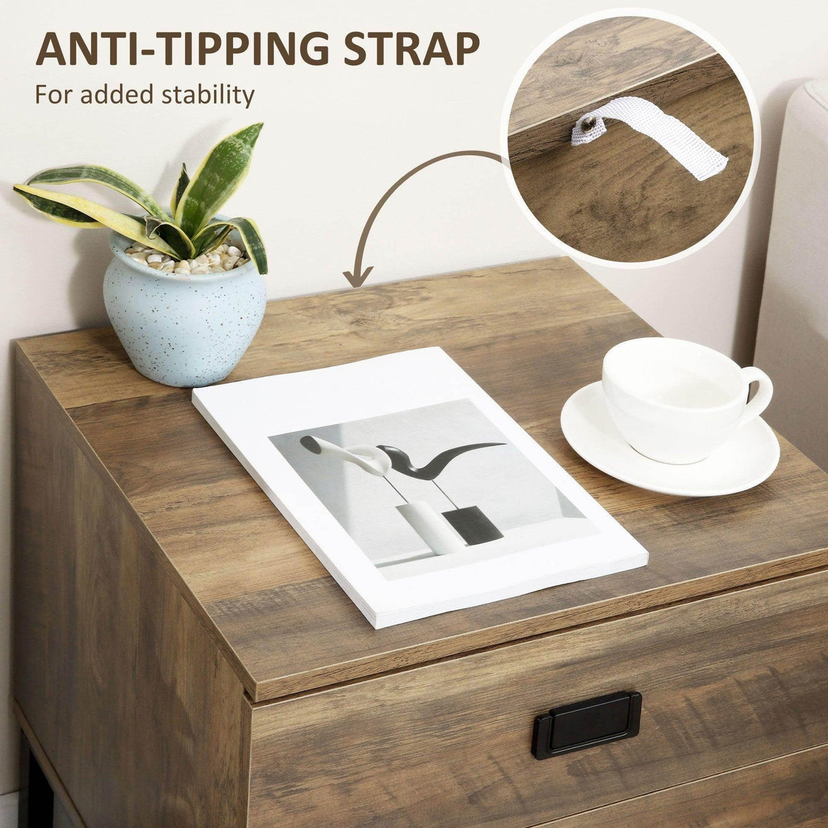 Retro bedside table with anti-tipping strap feature, brown top and black drawer pull