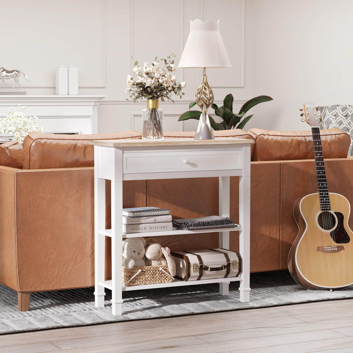 Retro console table with white frame, tan wood top, drawer, and open shelves