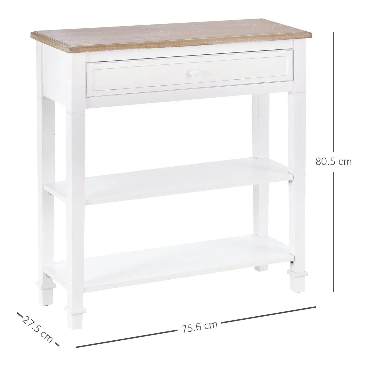 White console table with tan wood top, front drawer, and lower open shelf