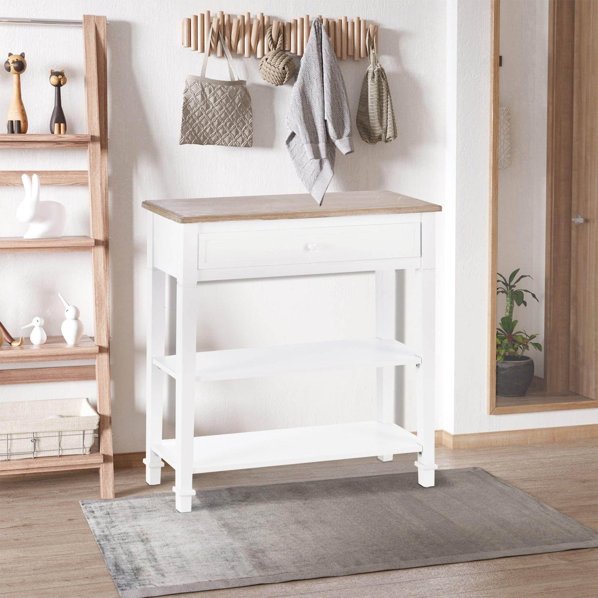 White console table with tan tabletop, center drawer, and open lower shelf