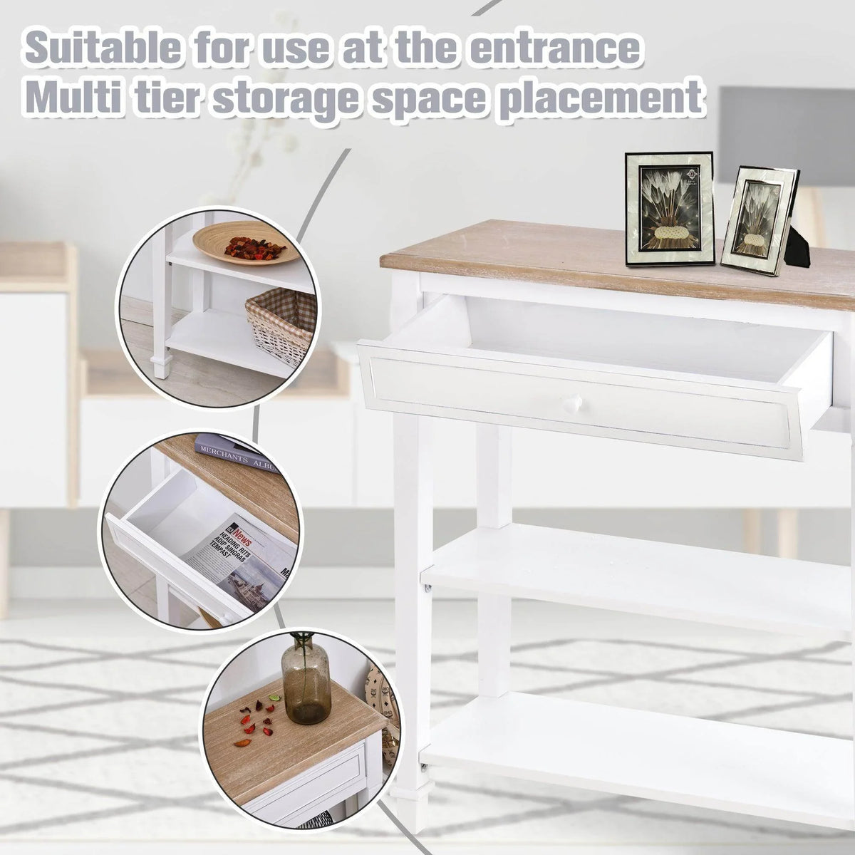 White console table with tan top, drawer front, and open storage shelving