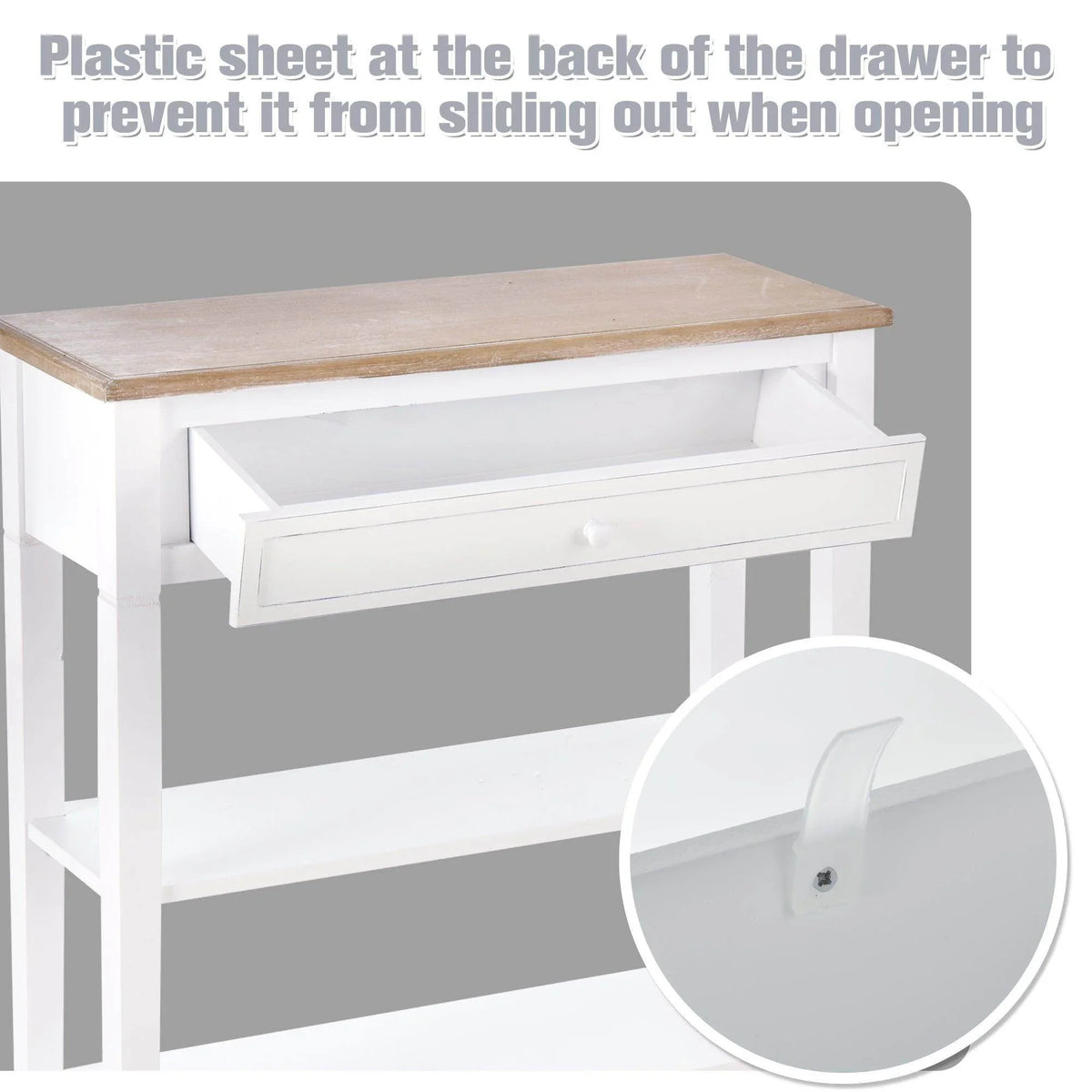 White console table drawer close-up with tan tabletop and secured back panel