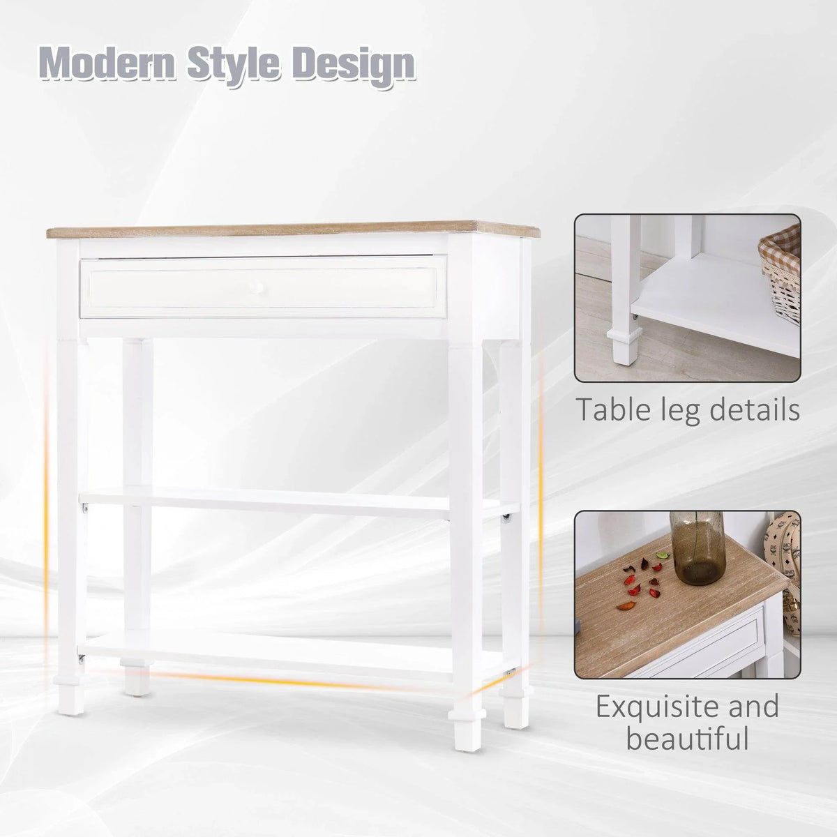 Console table with tan wood top, white legs, open shelf, and drawer storage