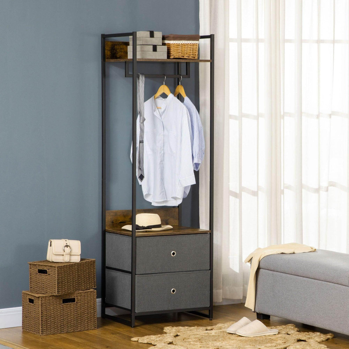 Rustic coat stand with drawers, steel frame, hanging rail, and wooden shelves with hanging shirts