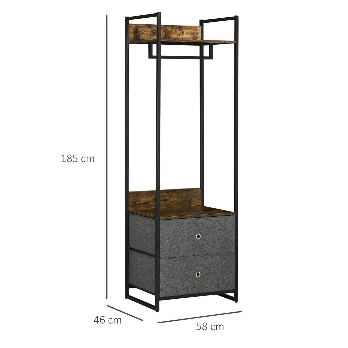 Rustic coat stand with drawers, side view with two front drawers and open top shelf frame