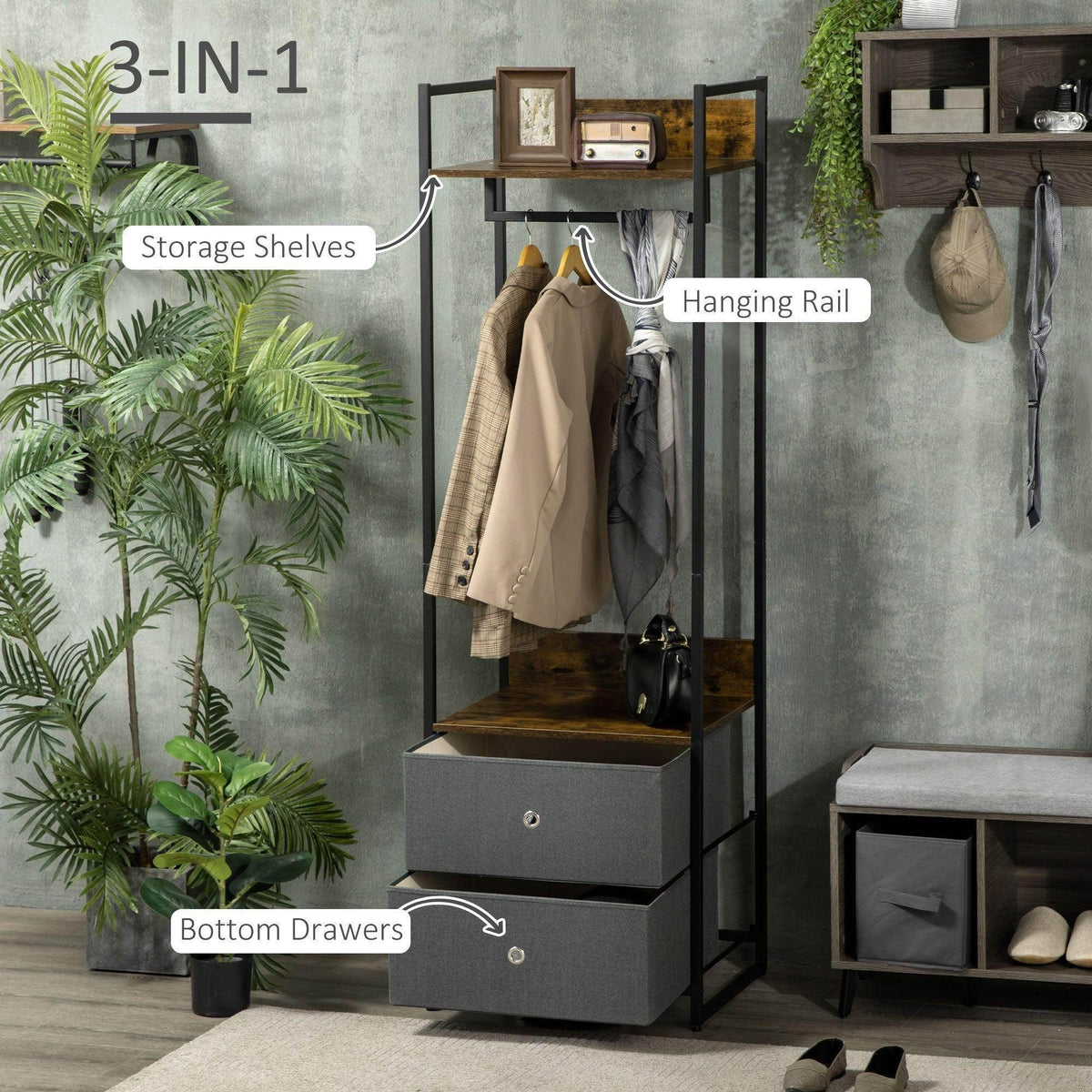 Rustic coat stand with drawers, hanging rail, upper storage shelves, and two drawer fronts