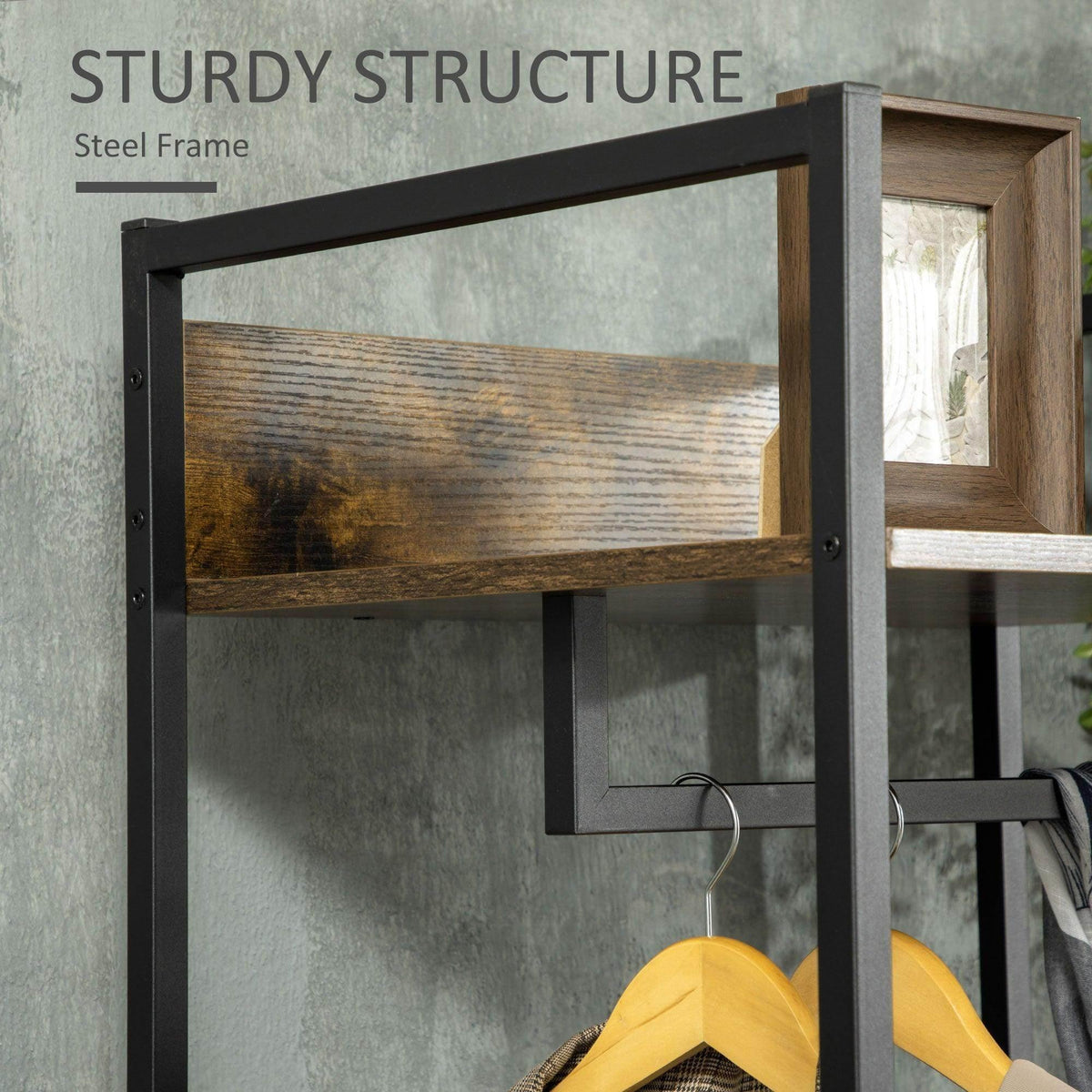 Rustic coat stand frame with hanging rail and wooden storage shelves for coats and bags