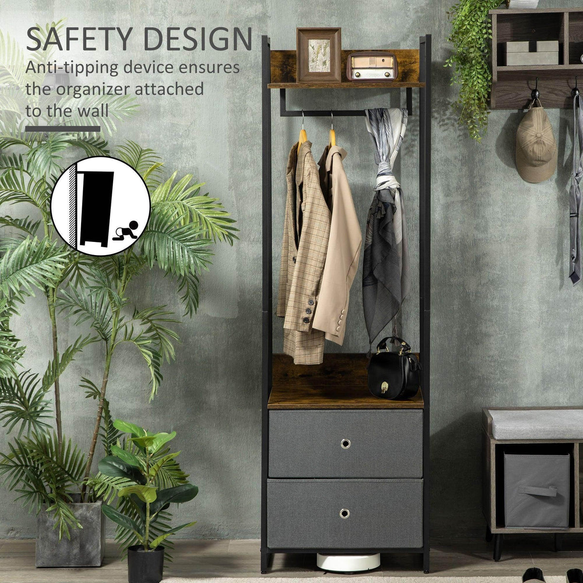 Rustic coat stand with drawers, anti-tip strap, hanging rail with coats and bags