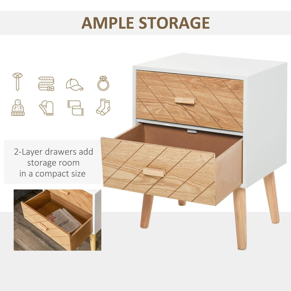 Bedside table with two drawers, one open to show storage space, light wood fronts.