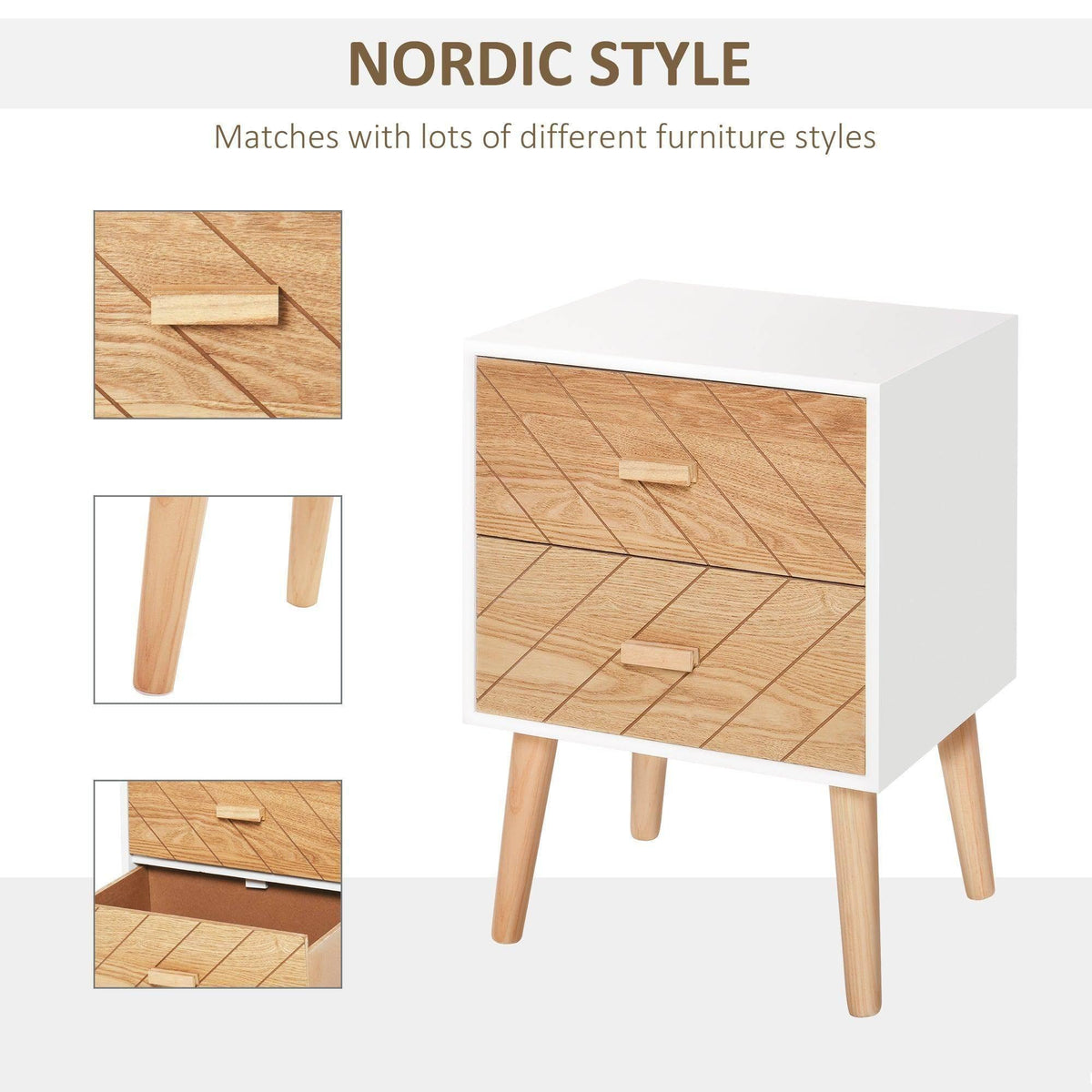 Nordic bedside table with light wood geometric drawer fronts and four wooden legs.