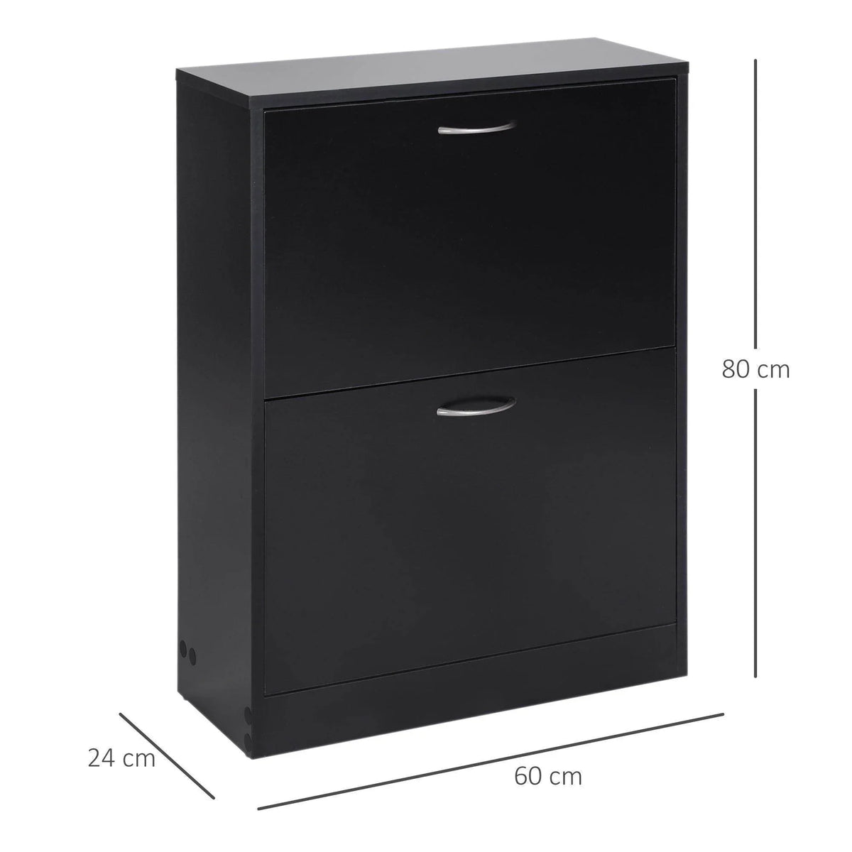 Black shoe cabinet with two drawers; size 60 cm wide, 80 cm tall, 24 cm deep