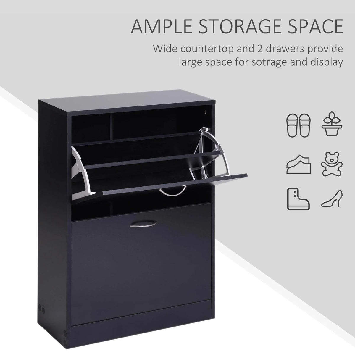 Black shoe cabinet with open top showing adjustable shoe rack and upper compartment
