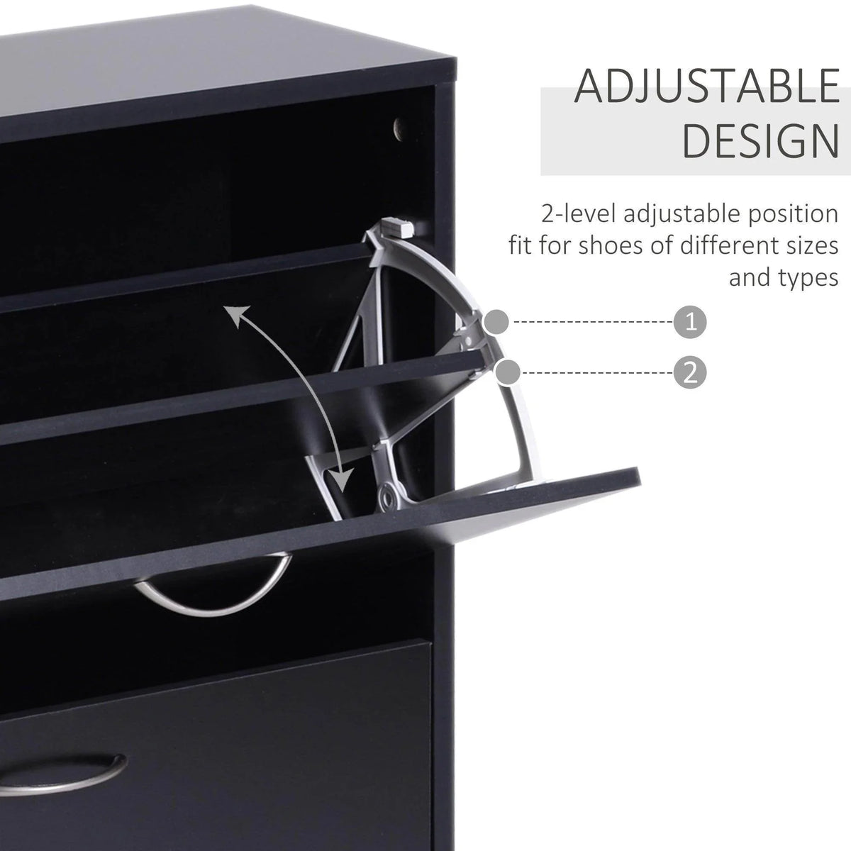 Open black shoe cabinet with adjustable shoe rack rail system behind drawer front